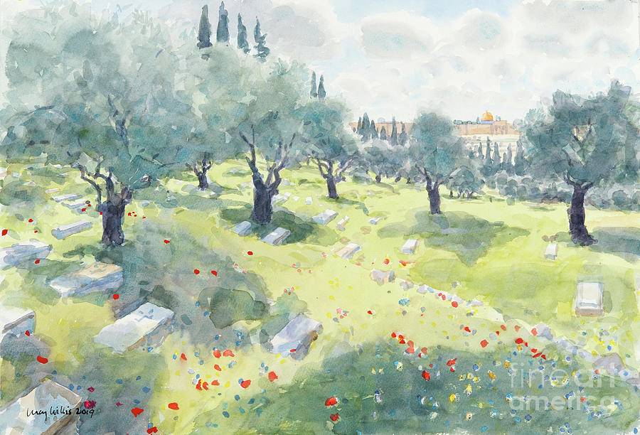 Watercolor Painting - The Olive Grove Temple Mount From The Kidron Valley, Jerusalem by Lucy Willis