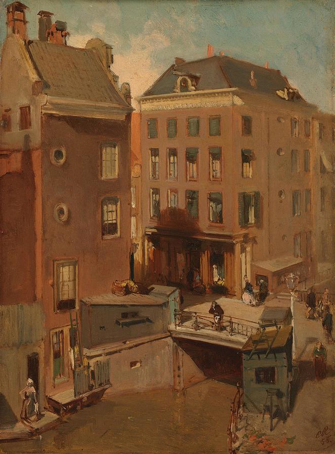 The Osjessluis near Kalverstraat in Amsterdam. Painting by Charles Rochussen -1814-1894-