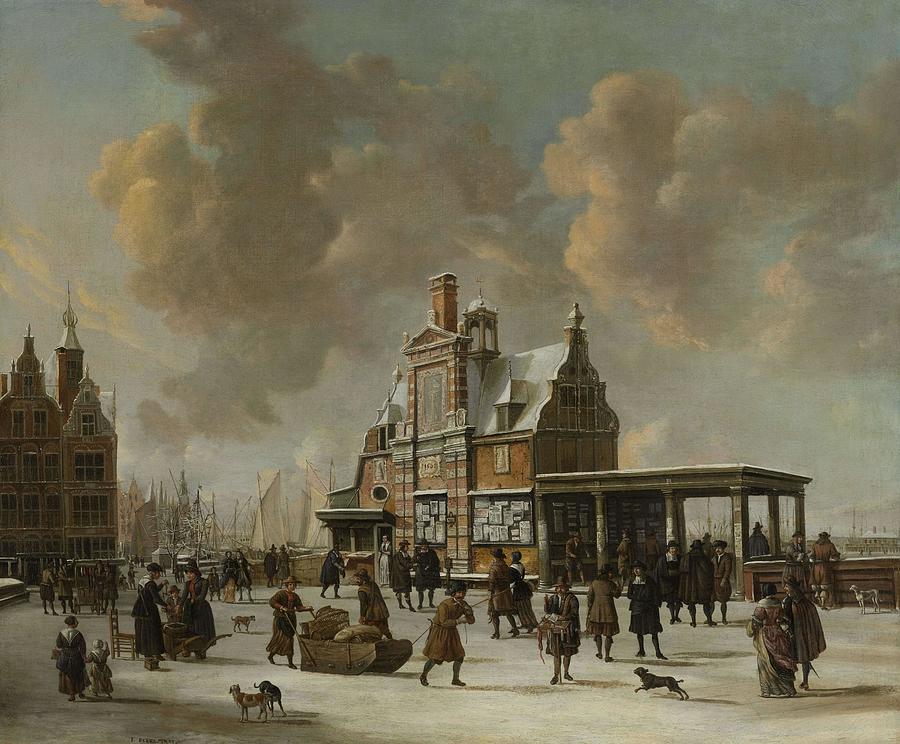 The Paalhuis and the Nieuwe Brug, Amsterdam, in the Winter. Painting by Jan Abrahamsz Beerstraten