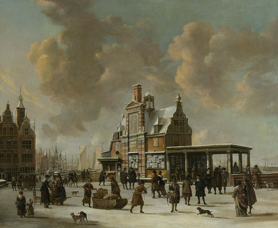 Dog Painting - The Paalhuis and the Nieuwe Brug in Amsterdam during Wintertime by Jan Abrahamsz Beerstraaten