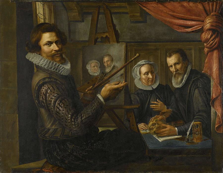 The Painter in his Studio Painting the Portrait of a Married Couple. Painting by Herman van Vollenhoven