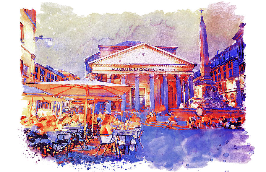 The Pantheon Rome Watercolor Streetscape Painting by Marian Voicu