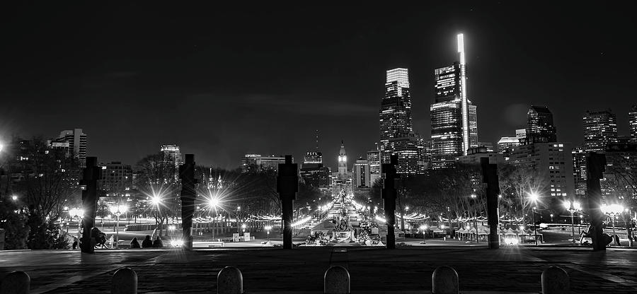The Parkway in Philadelphia at Night in Black and White Photograph by Bill Cannon