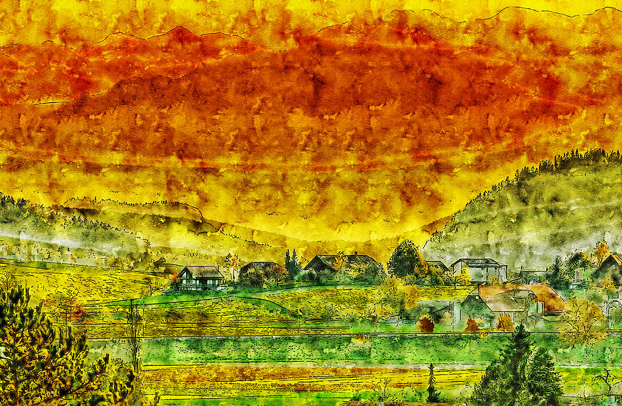 America Drawing - The Peasant Village Watercolor Drawing by Hasan Ahmed America Drawing - The Peasant Village Watercolor Drawing by Hasan Ahmed