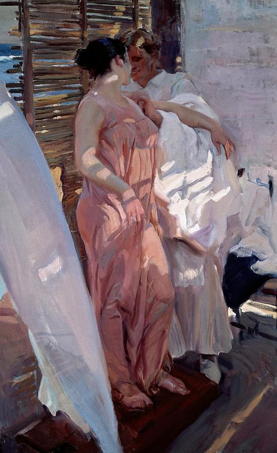 The Pink Robe or After the Bath, 1916, Oil on canvas, 210 x 128 cm. Painting by Joaquin Sorolla -1863-1923-
