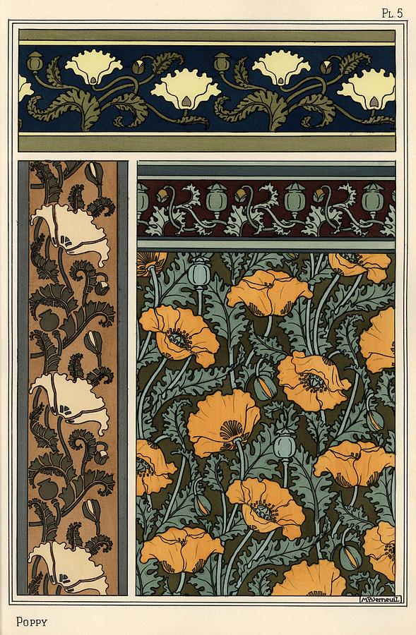 The poppy, Papaver somniferum, in wallpaper and fabric patterns. Lithograph by Verneuil. Drawing by Album