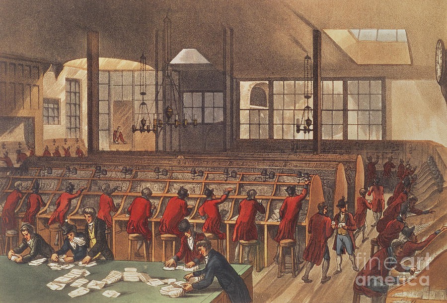 The Post Office, from Ackermanns Microcosm of London Painting by Rowlandson and Pugin