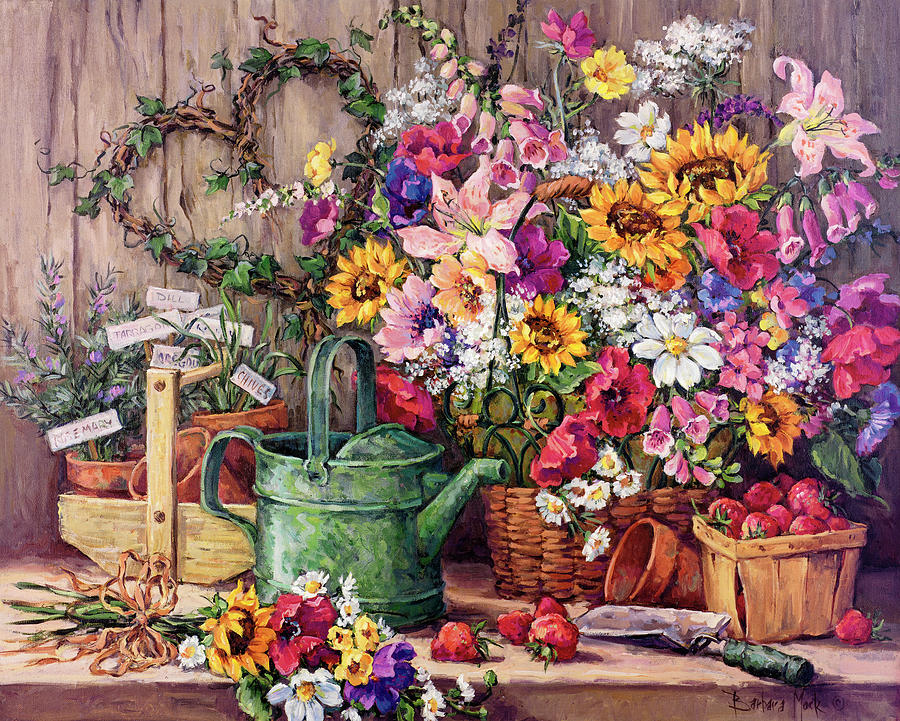 Floral Painting - The Potting Bench by Barbara Mock.