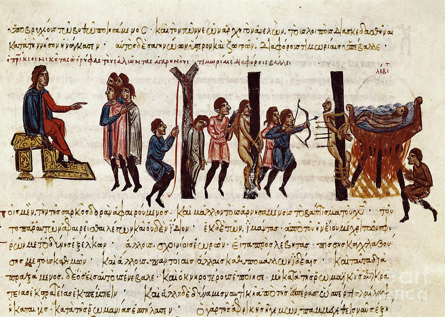 Byzantine Painting - The Prisoners Of The Defeated Arab-cretan And African Armies Are Executed By The Byzantines, Miniature From synopsis Historiarum Or byzantine Chronicles by Byzantine School
