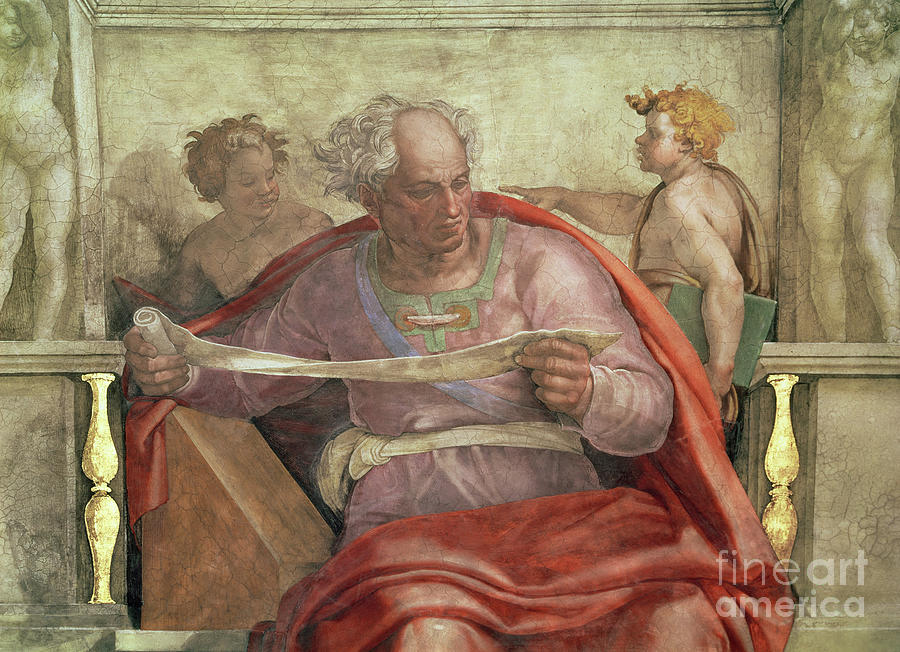 The Prophet Joel, from the Sistine Ceiling pre restoration Painting by Michelangelo