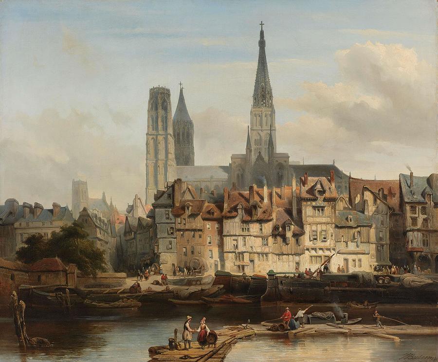 The Quay de Paris in Rouen. De Parijse kade in Rouen. Painting by Johannes Bosboom -1817-1891-