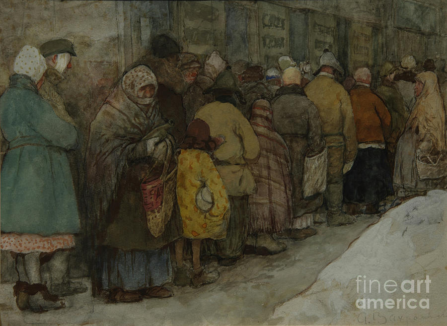 The Queue, Ca 1921. Artist Vakhrameyev Drawing by Heritage Images