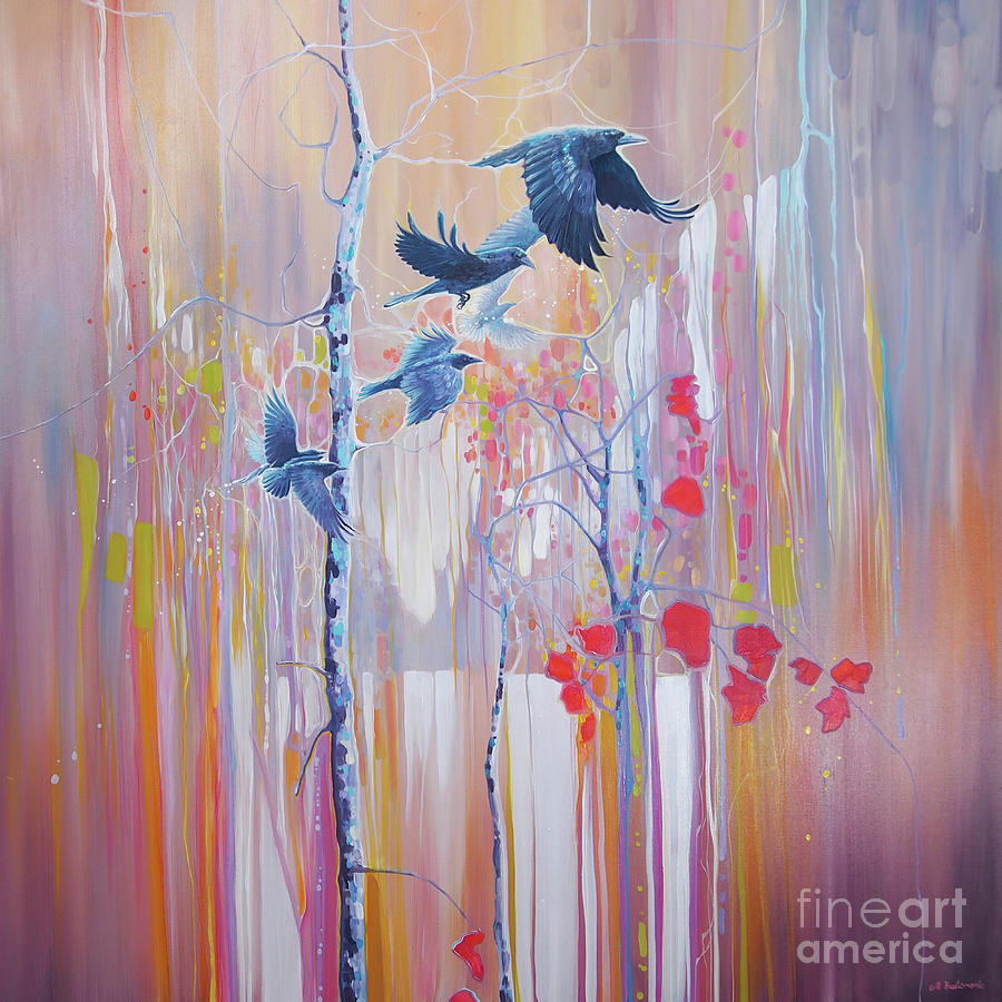 The Ravens Quest - large original oil painting with flying ravens in semi abstract winter landscape Painting by Gill Bustamante