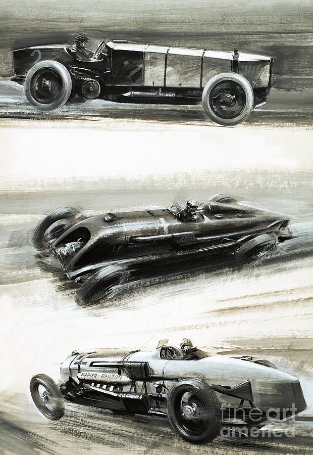 Car Painting - The Record Beaking Race Track, Three Famous Brookland Specials by Graham Coton