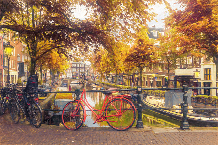 The Red Bike in Amsterdam in Autumn Photograph by Debra and Dave Vanderlaan