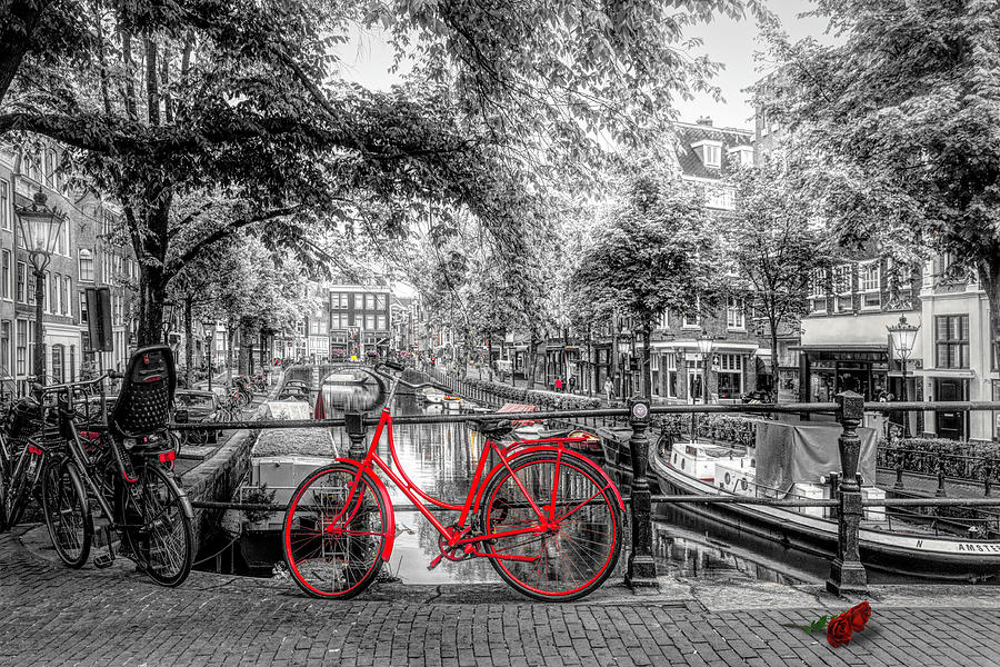 The Red Bike in Amsterdam in Color Selected Black and White Photograph by Debra and Dave Vanderlaan