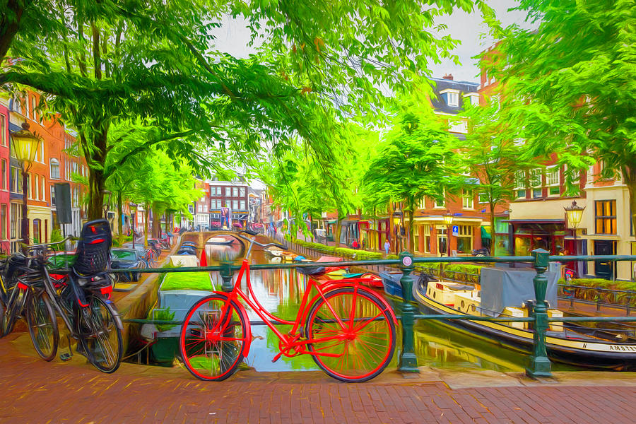 The Red Bike in Amsterdam Painting Photograph by Debra and Dave Vanderlaan