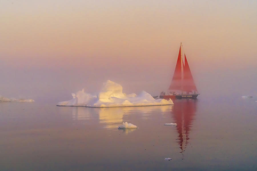 Landscape Photograph - The Red Sail Boat In Morning Fog by Raymond Ren Rong Liu