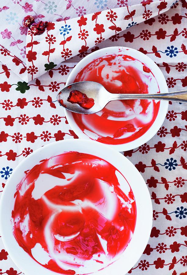 The Remains Of Red Jelly In Bowls Photograph by Rose Hodges