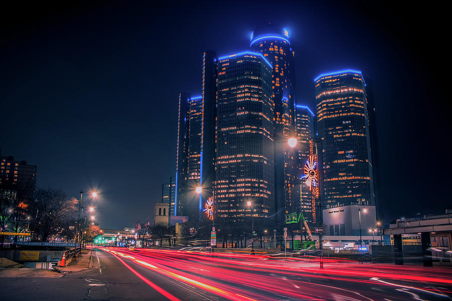 The Renaissance Center on Jefferson at night... Photograph by Jay Smith