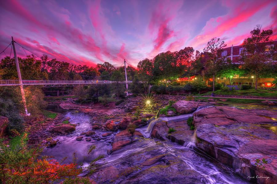The Resplendent Red Sunset Reedy River Falls Park Greenville SC Landscape Cityscape Art Photograph by Reid Callaway