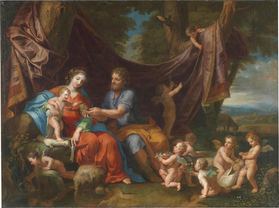 The Rest on the Flight into Egypt. 1652. Oil on canvas. CHILD JESUS. VIRGIN MARY. Painting by Jacques Stella -1596-1657-