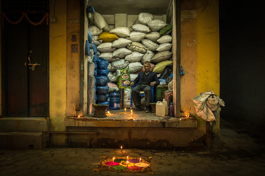 The Rice Sacks Shop - Night At The Narrow Streets Of Kathmandu Photograph by Doron Margulies