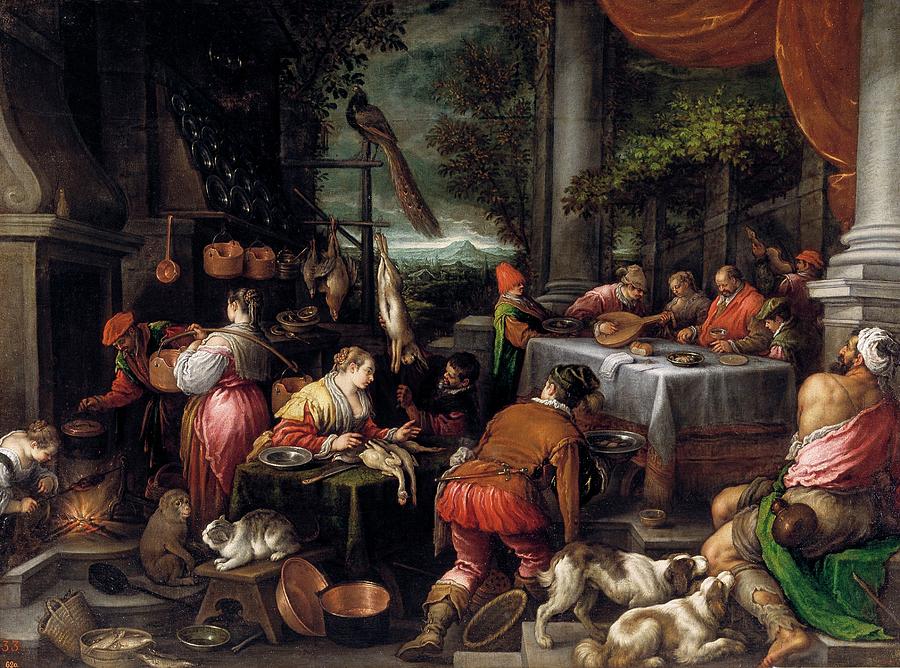 The Rich Man and Lazarus, Second half 16th century, Italian School, Oil on ca... Painting by Leandro Bassano -1557-1622-