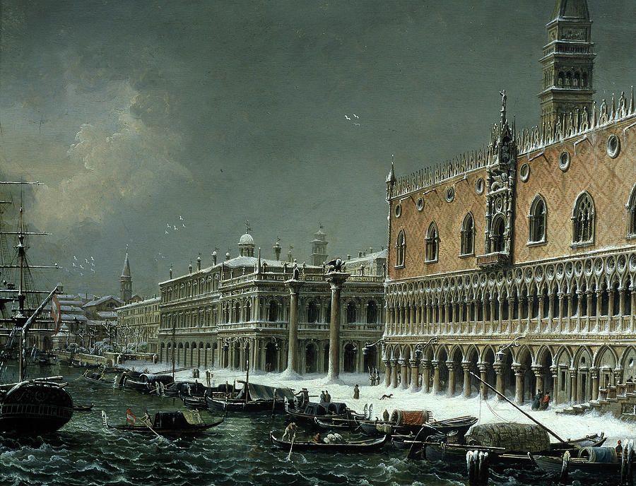 The Riva degli Schiavoni Venice under snow, 1833, Oil on canvas. Painting by Giuseppe Borsato -1771-1849-