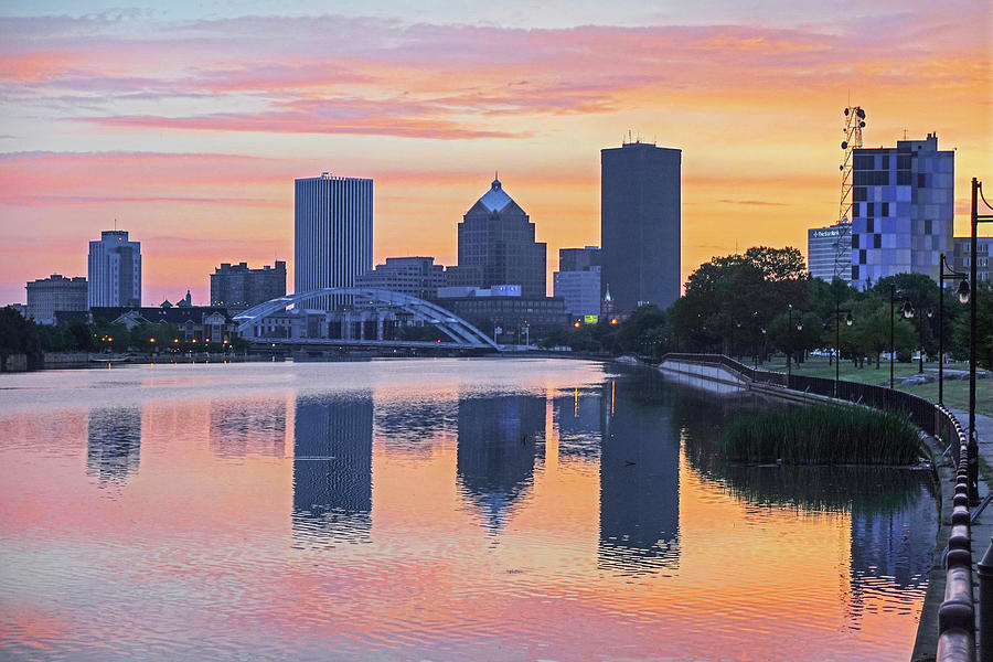 The Rochester Skyline at Sunrise Reflecting on the Genessee River Photograph by Toby McGuire