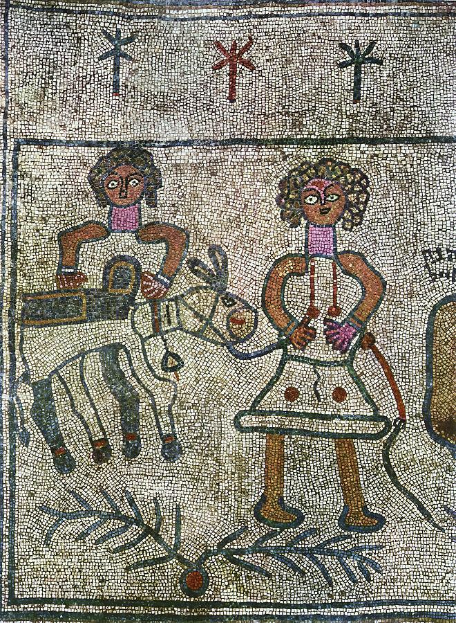 The sacrifice of Isaac. Detail servants leading a donkey. Painting by mosaicists Marianos and Hanina MOSAICISTS MARIANOS AND HANINA -6TH CE-