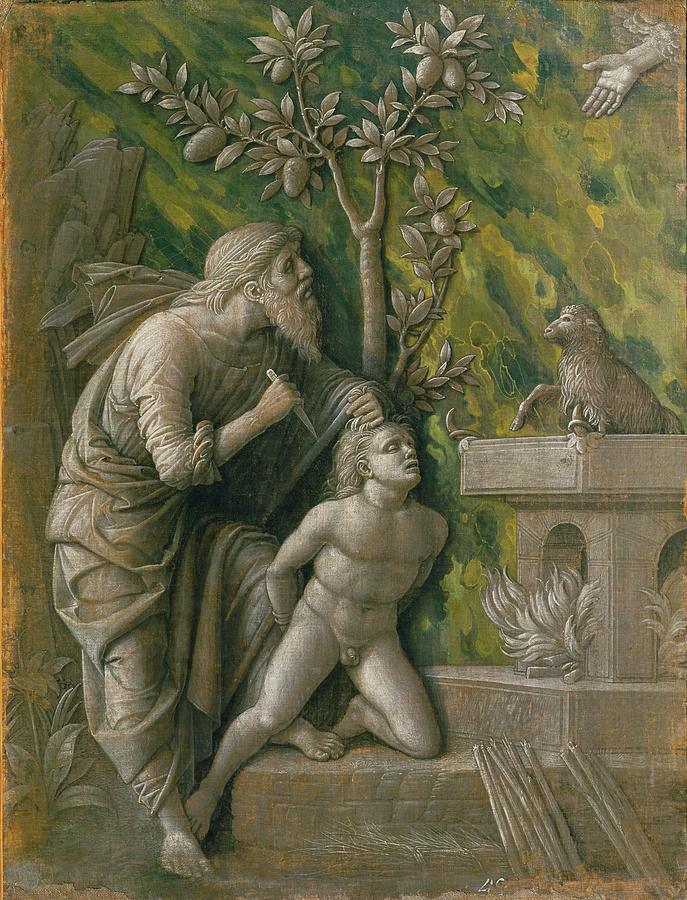 Andrea Mantegna Painting - The Sacrifice of Isaac. Monochrome painting, imitation  of a relief -around 1490-  48.5 x 36.5 cm. by Andrea Mantegna -1431-1506-