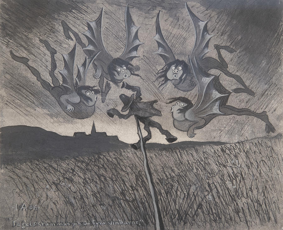 The Scarecrow And The Four Winds Drawing by Ivar Arosenius