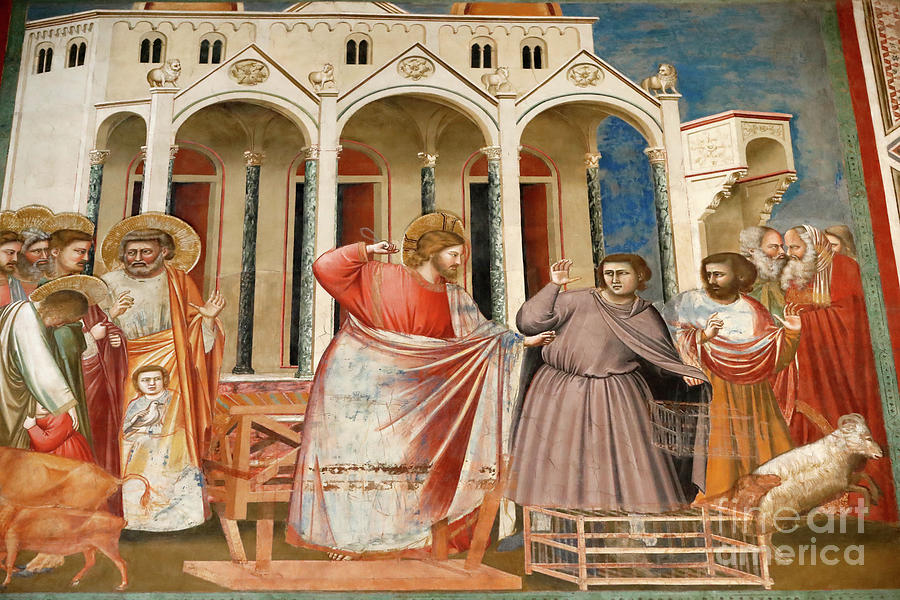 Giotto Di Bondone Painting - The Scrovegni Chapel. Fresco  By Giotto, 14 Th Century. Jesus Drives The Merchants From The Temple.  Padua. Italy. by Giotto