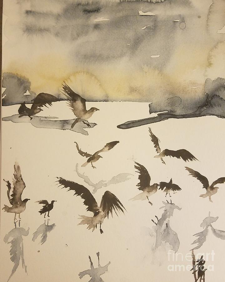 The seagulls and the ocean Painting by Han in Huang wong