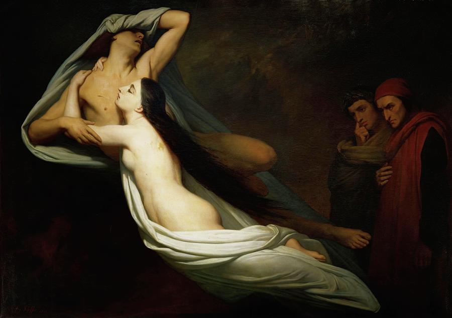 The shades of Francesca da Rimini and Paolo Malatesta appear to Dante and Virgil. Painting by Ary Scheffer -1795-1858-