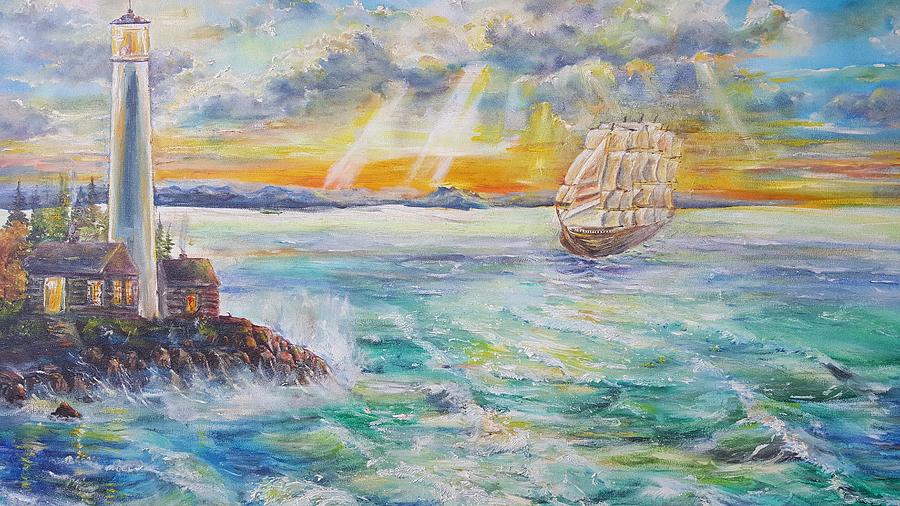Sunset Painting - The ship is coming. by Alla Savinkov