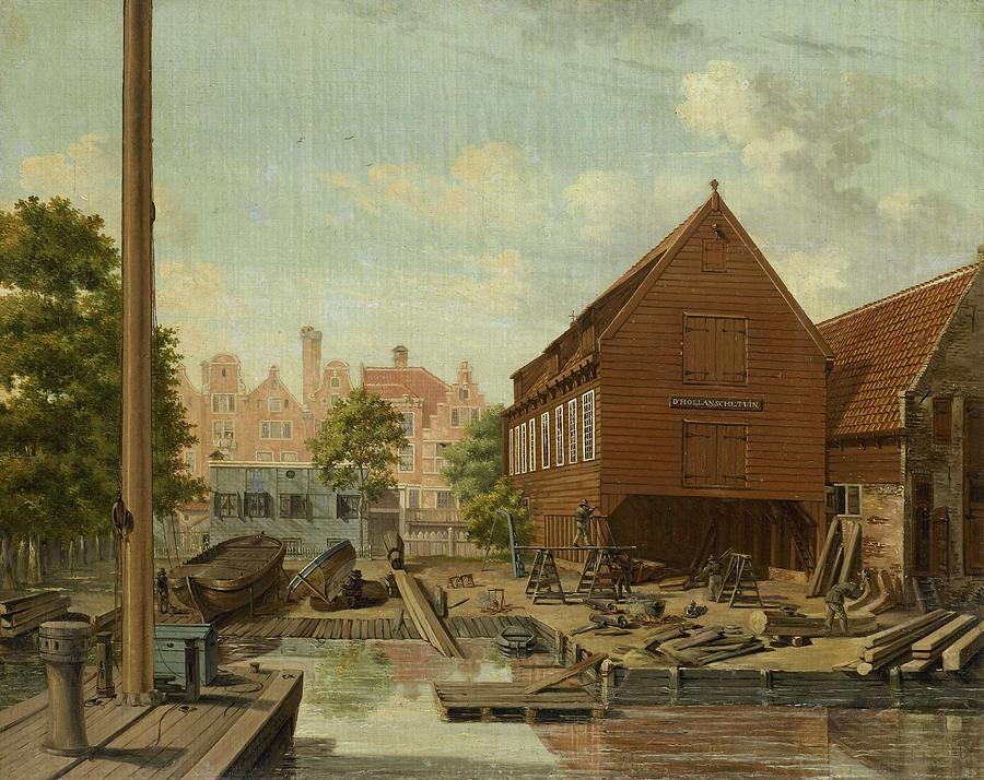 Panel Painting - The Shipyard DHollandsche Tuin on Bickers Eiland, Amsterdam. by Pieter Godfried Bertichen -1796-1856-