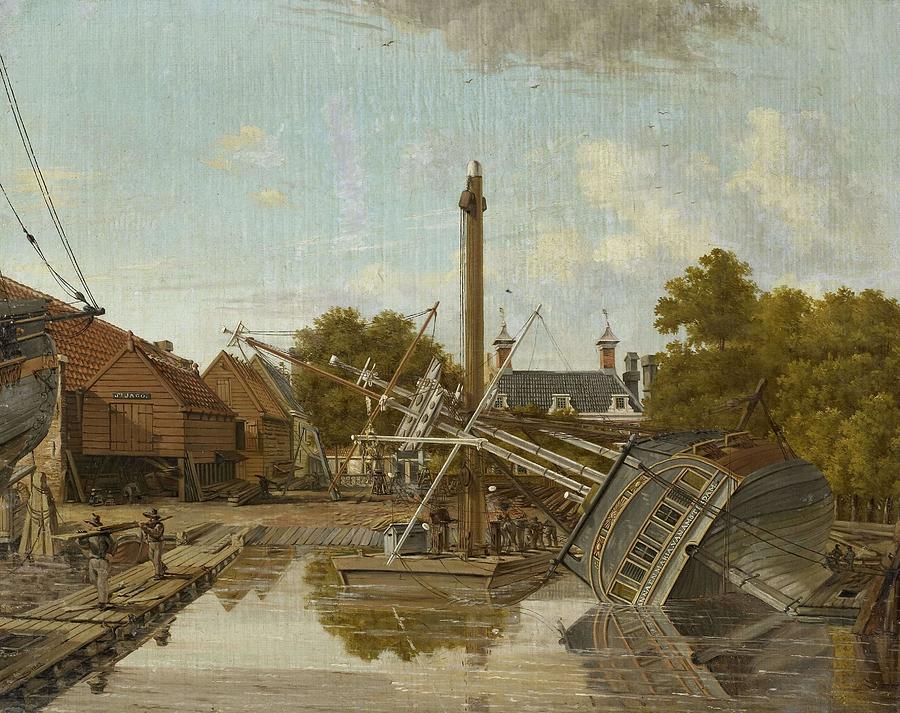 Panel Painting - The Shipyard St Jagoon Bickers Eiland, Amsterdam. by Pieter Godfried Bertichen -1796-1856-