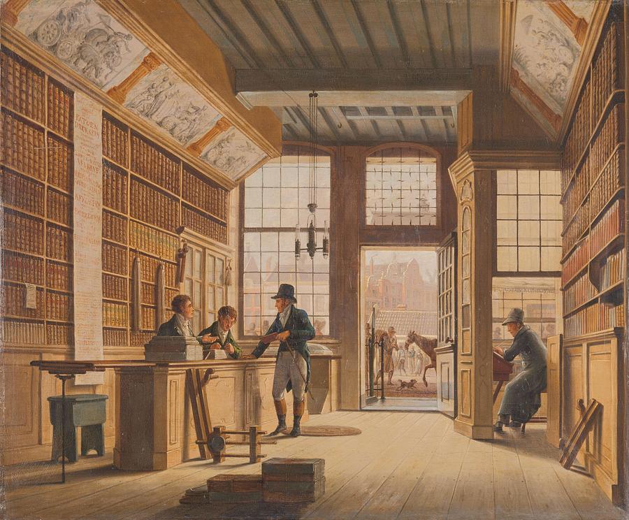 The Shop of the Bookdealer Pieter Meijer Warnars on the Vijgendam in Amsterdam. The Bookshop of P... Painting by Johannes Jelgerhuis -1770-1836-