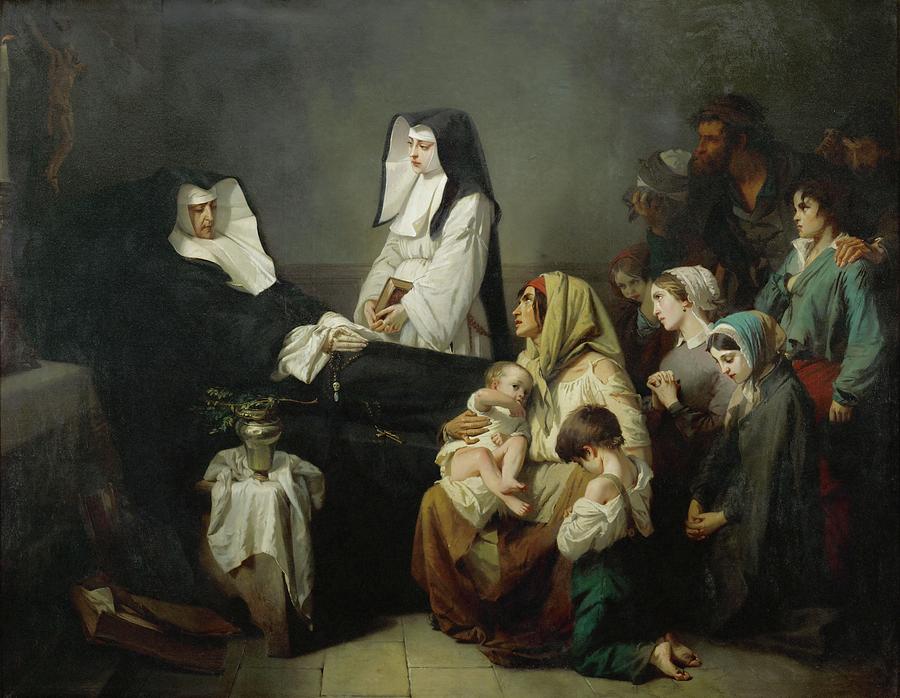 The sick and the poor come to pray, as sister Saint-Prosper lies in state on August 39, 1846. Painting by Isidore Pils