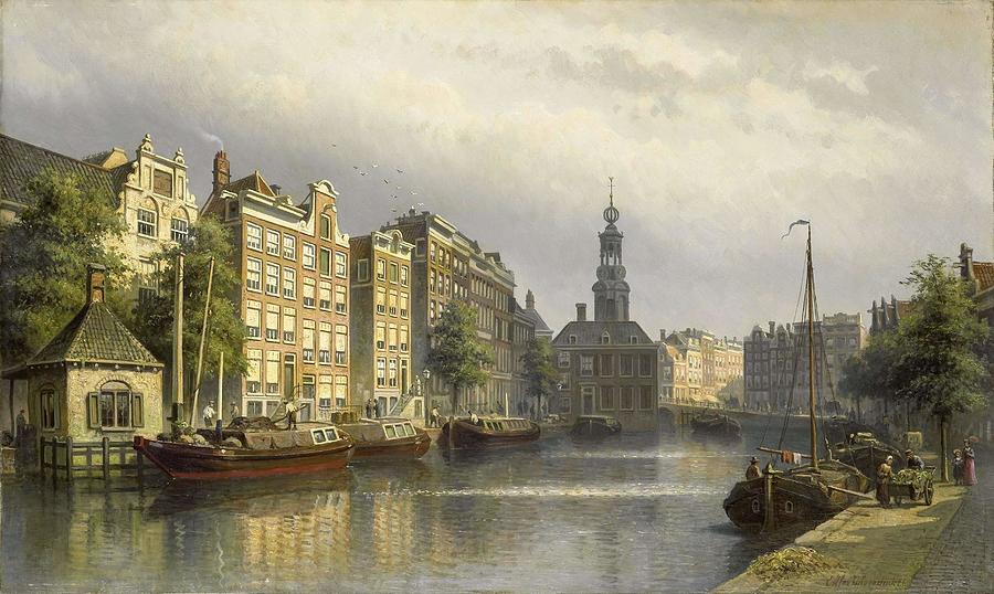 The Singel, Amsterdam, looking towards the Mint. Painting by Eduard Alexander Hilverdink -1846-1891-