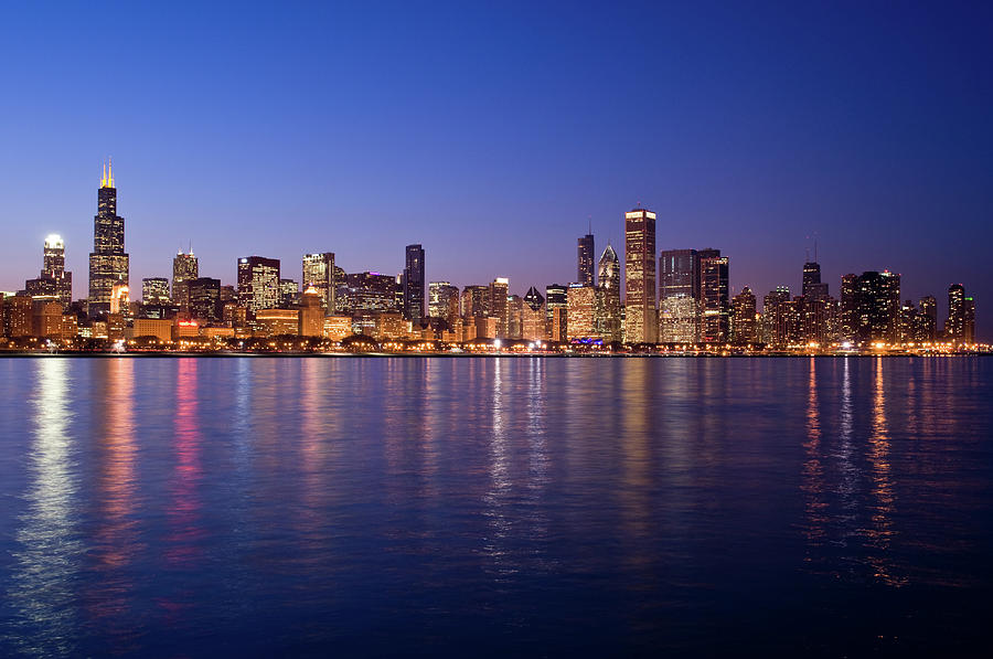 The Skyline At Night In Chicago Photograph by Bookwyrmm