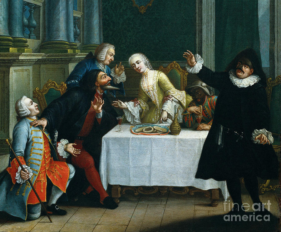 the Snack With The Masks Comedians Wearing Commedia Dellarte Costumes Around A Table Where Biscuits And Wine Are Served, 18th Century Painting by Pietro Longhi