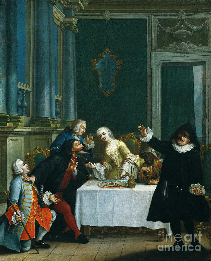 the Snack With The Masks Comedians Wearing Commedia Dellarte Costumes Around A Table Where Biscuits And Wine Are Served Painting by Pietro Longhi