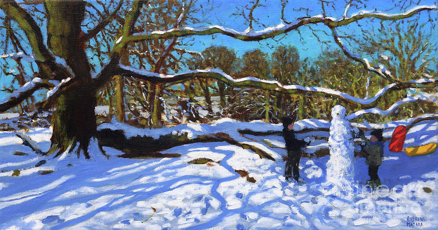 Andrew Macara Painting - The Snowman, Calke Abbey, Ticknall, Derby, 2022 by Andrew Macara