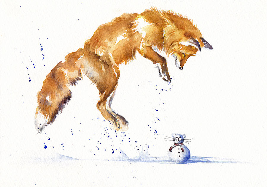 Winter Painting - Leaping Fox - The Snowmouse by Debra Hall