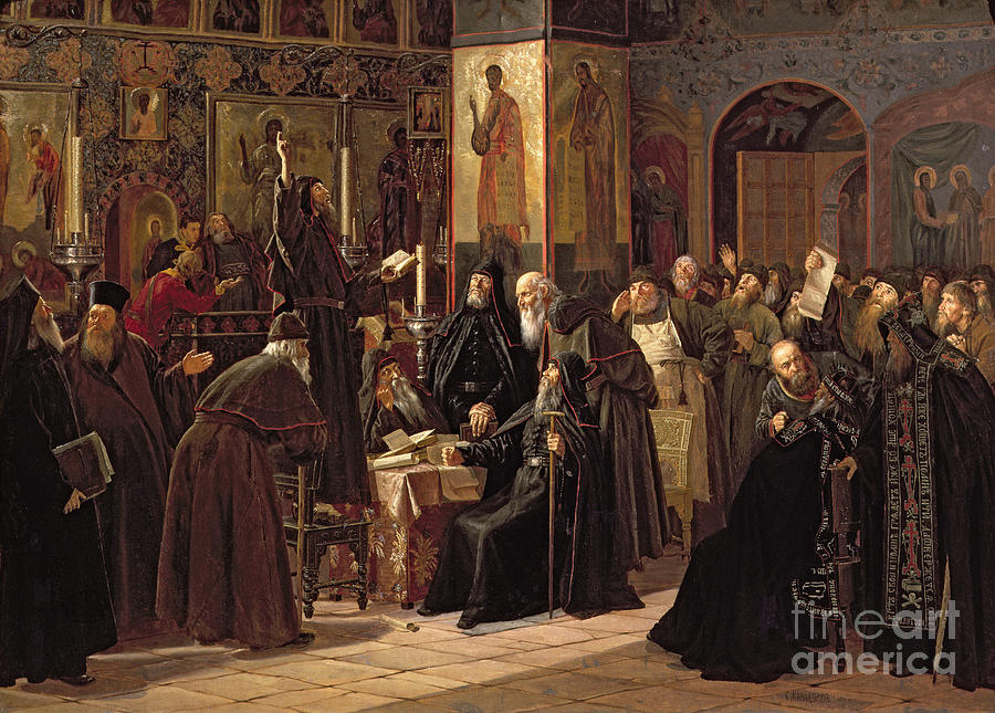 Book Painting - The Solovetsy Monasterys Revolt Against The New Books In 1666, 1885 by Sergei Dmitrievich Miloradovich