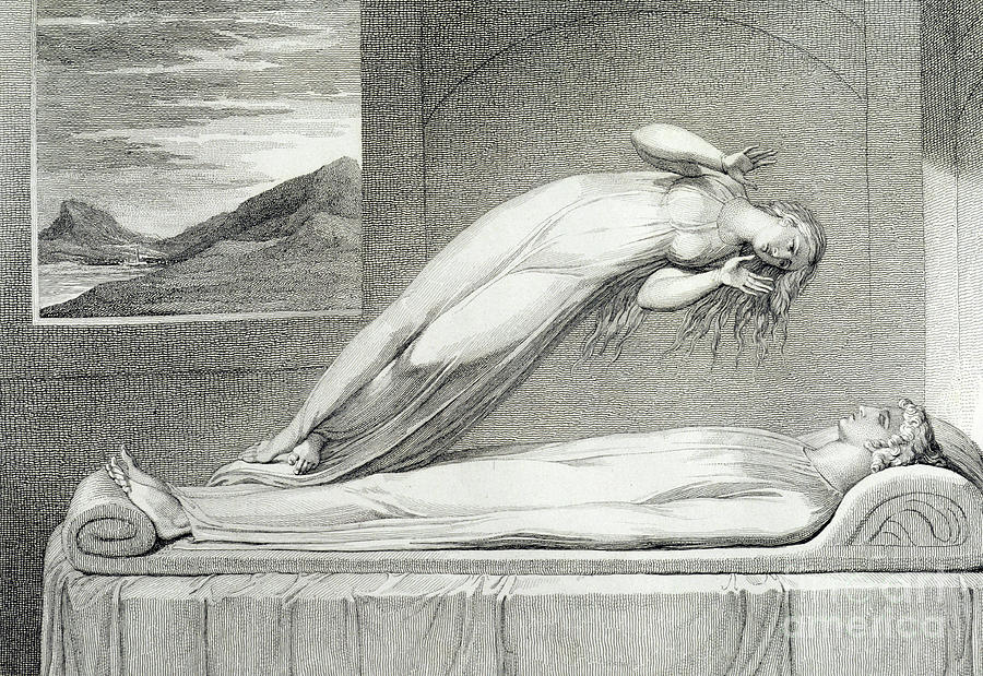 The soul hovering over the body reluctantly parting with life Drawing by William Blake