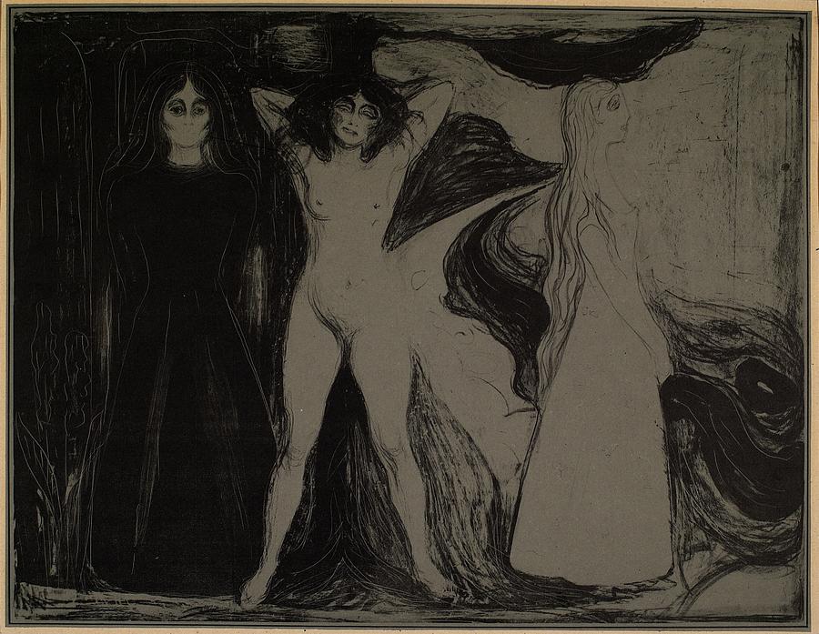 Edvard Munch Drawing - The Sphynx Woman In Three Stages by Edvard Munch